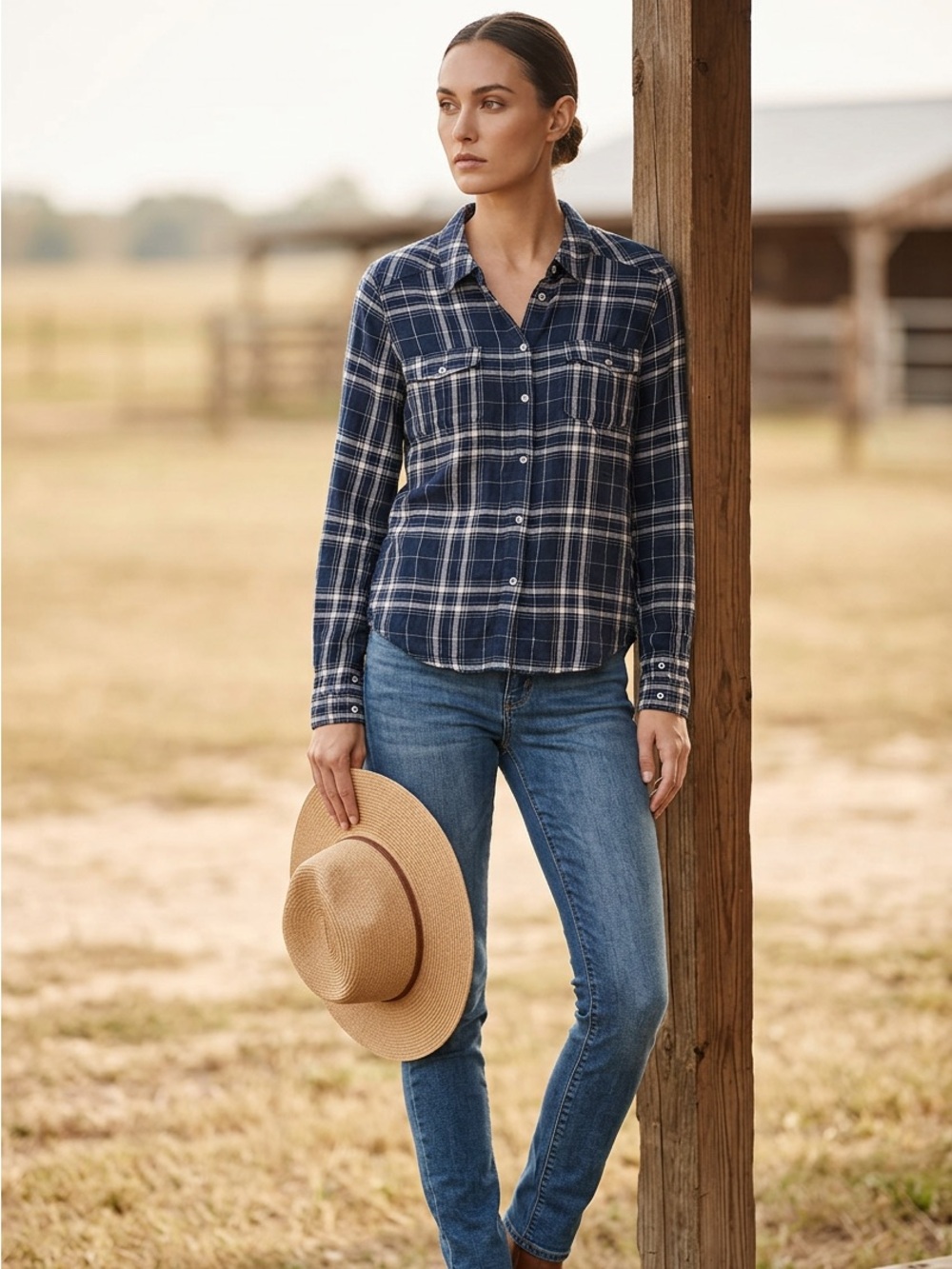 PAIGE Navy and White Plaid Button-Down Shirt